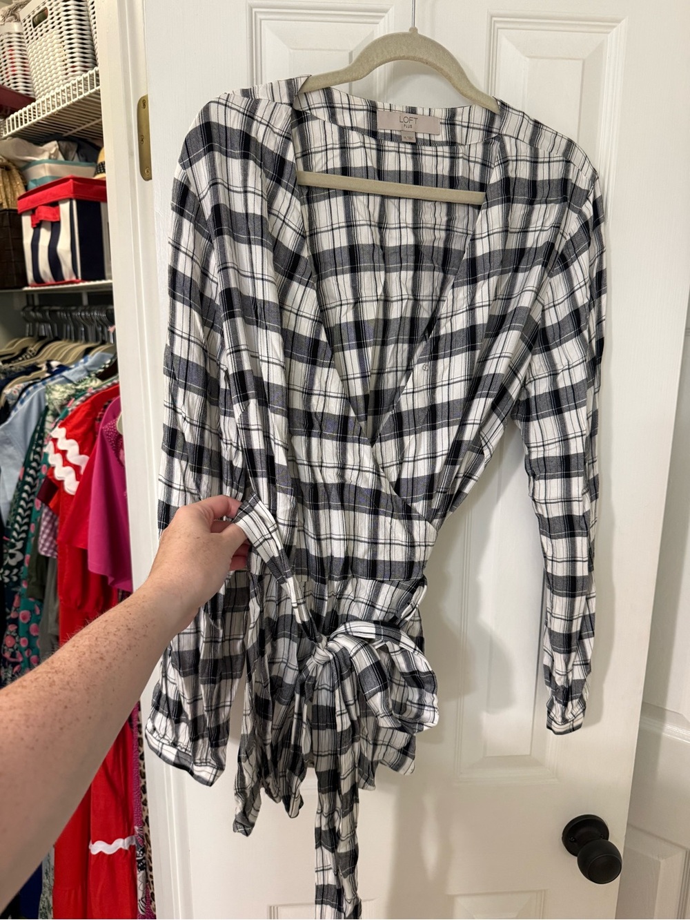 LOFT Black and White Plaid Wrap Tunic